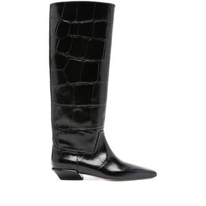 PARIS TEXAS Croc-Embossed Knee-High Boots Women BLACK